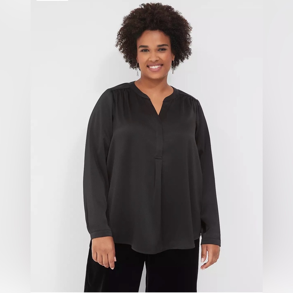 NWT Satin Banded-Neck Ruched-Shoulder Shirt